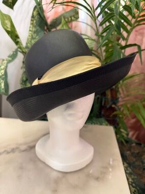 Vintage Black Wide-Brim Hat with Cream Band - Women's Accessory